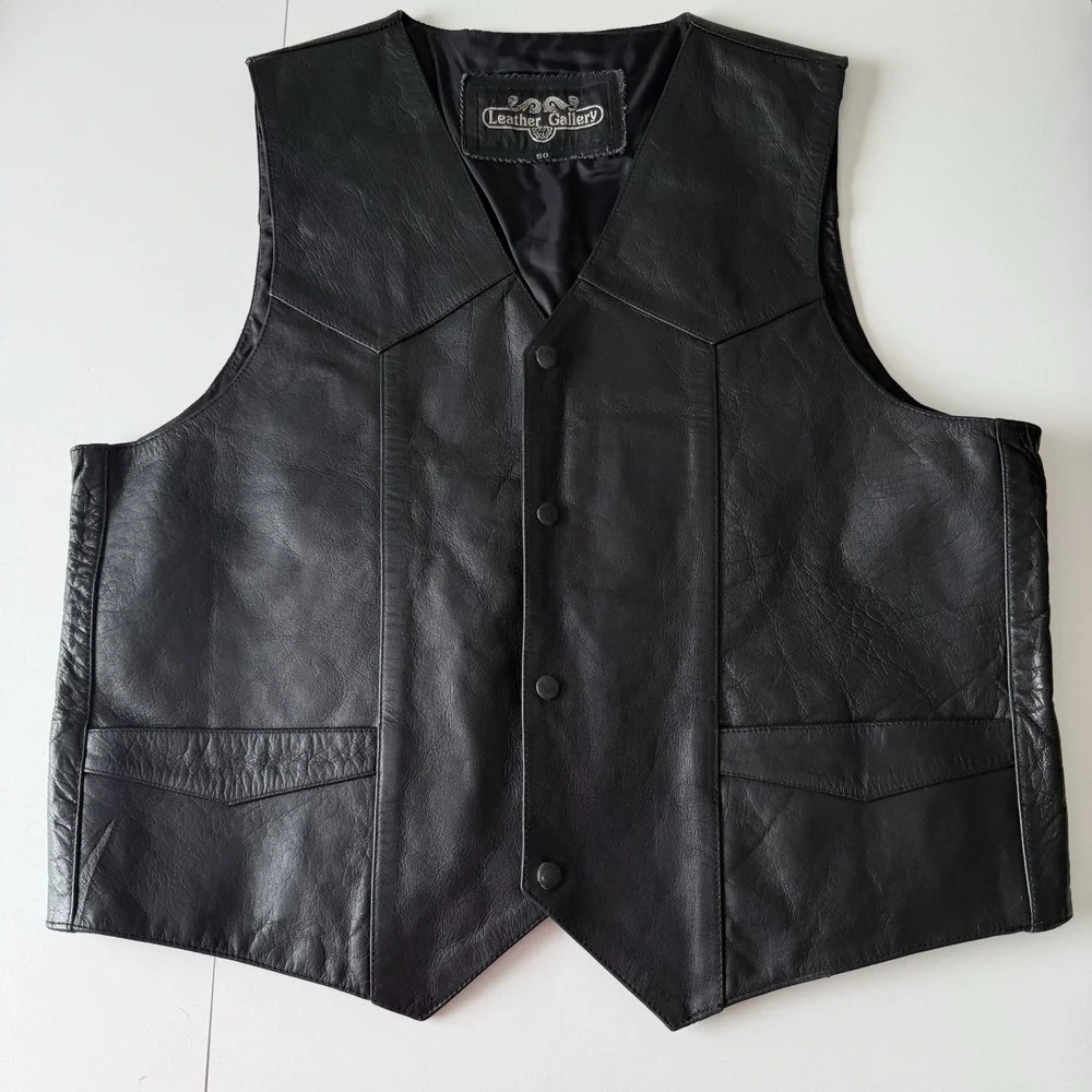 Leather Gallery Men's Black Leather Vest Size 50 Button Up Motorcycle Vest Biker